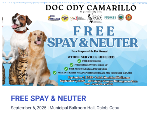 FREE SPAY & NEUTER September 6, 2025 | Municipal Ballroom Hall, Oslob, Cebu